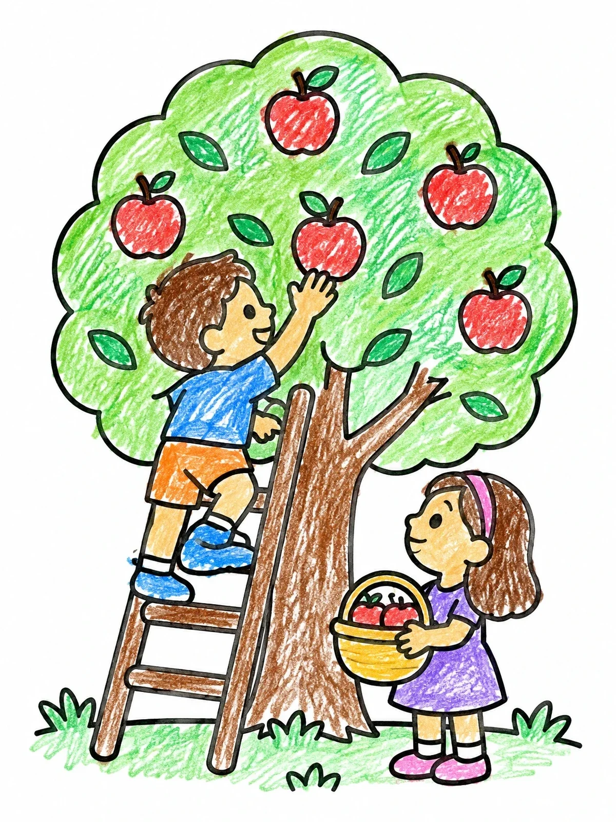 Colored example of the Children Picking Apples With Ladder coloring page