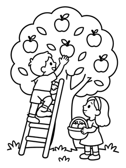 Free printable Children Picking Apples With Ladder coloring page