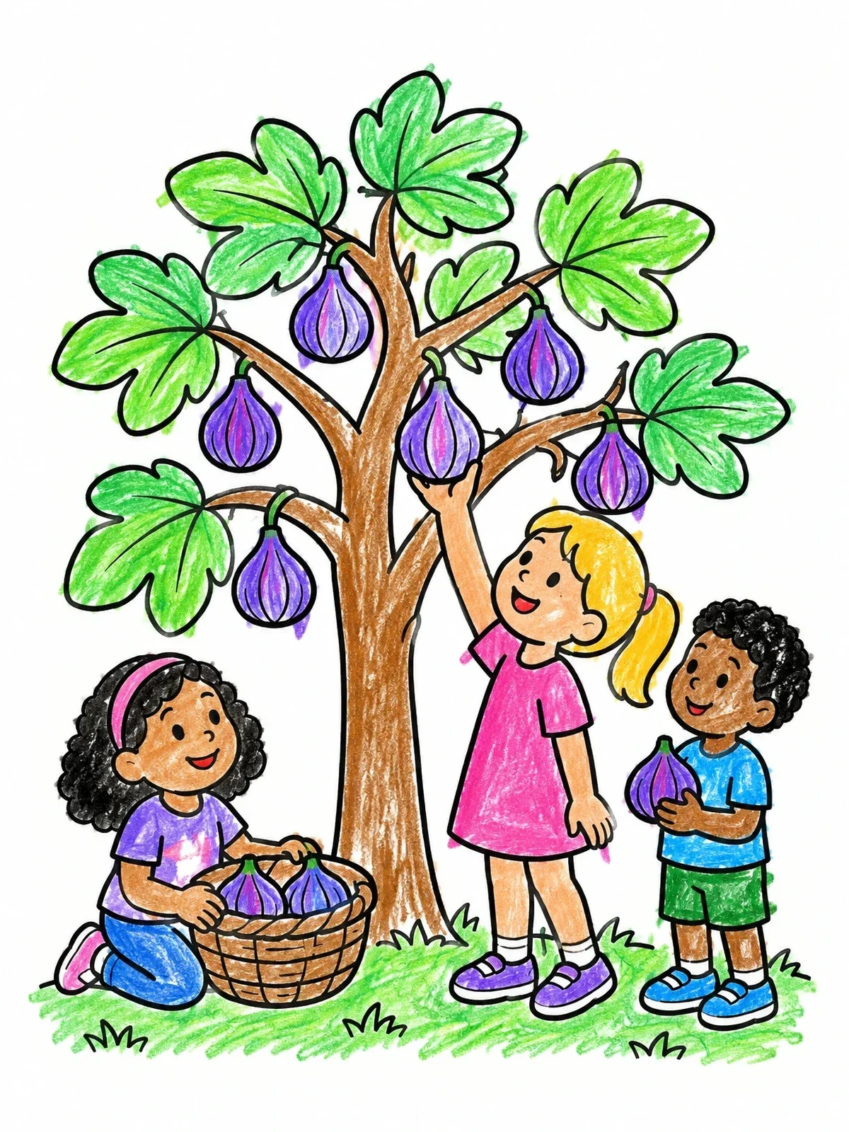 Colored example of the Children Picking Fresh Figs coloring page