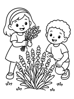 Free printable Children Picking Fresh Lavender coloring page