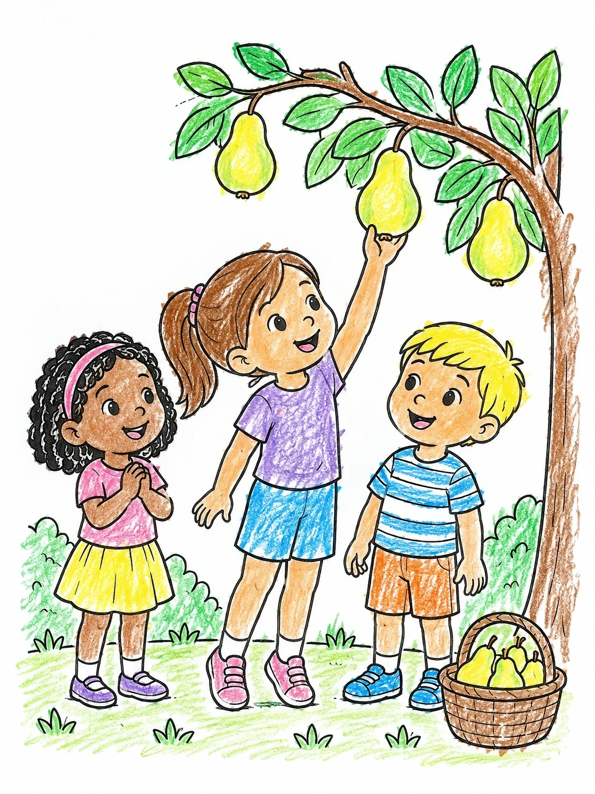 Colored example of the Children Picking Pears From Tree coloring page
