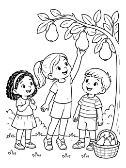 Free printable Children Picking Pears From Tree coloring page