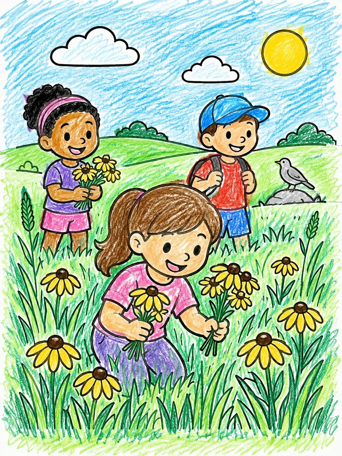 Colored example of the Children Picking Prairie Wildflowers coloring page
