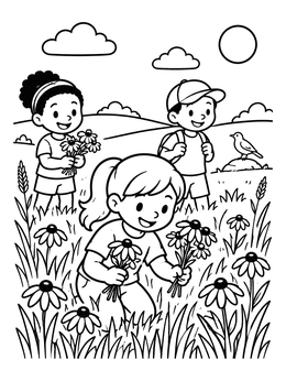 Free printable Children Picking Prairie Wildflowers coloring page