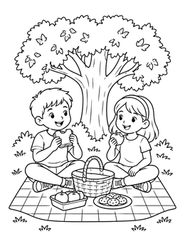 A cheerful picnic coloring page showing a boy and girl enjoying snacks on a blanket under a leafy tree.