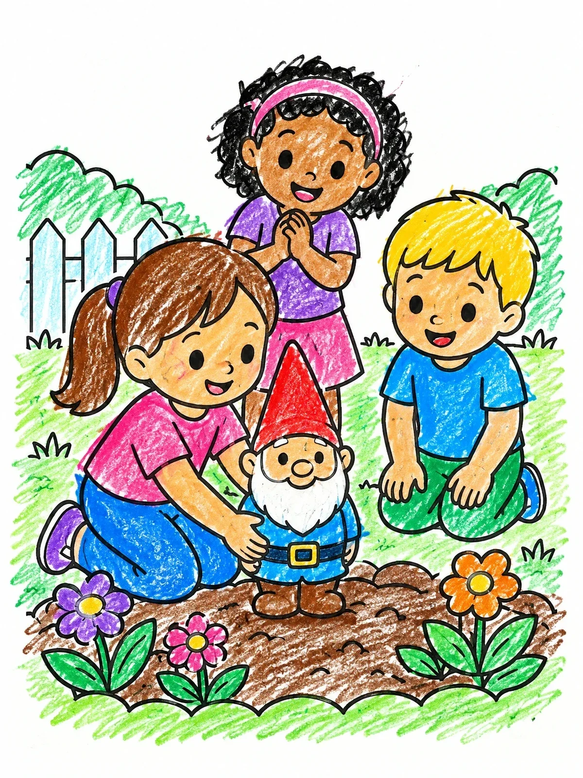 Colored example of the Children Placing Garden Gnome Outdoors coloring page