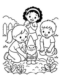 Free printable Children Placing Garden Gnome Outdoors coloring page