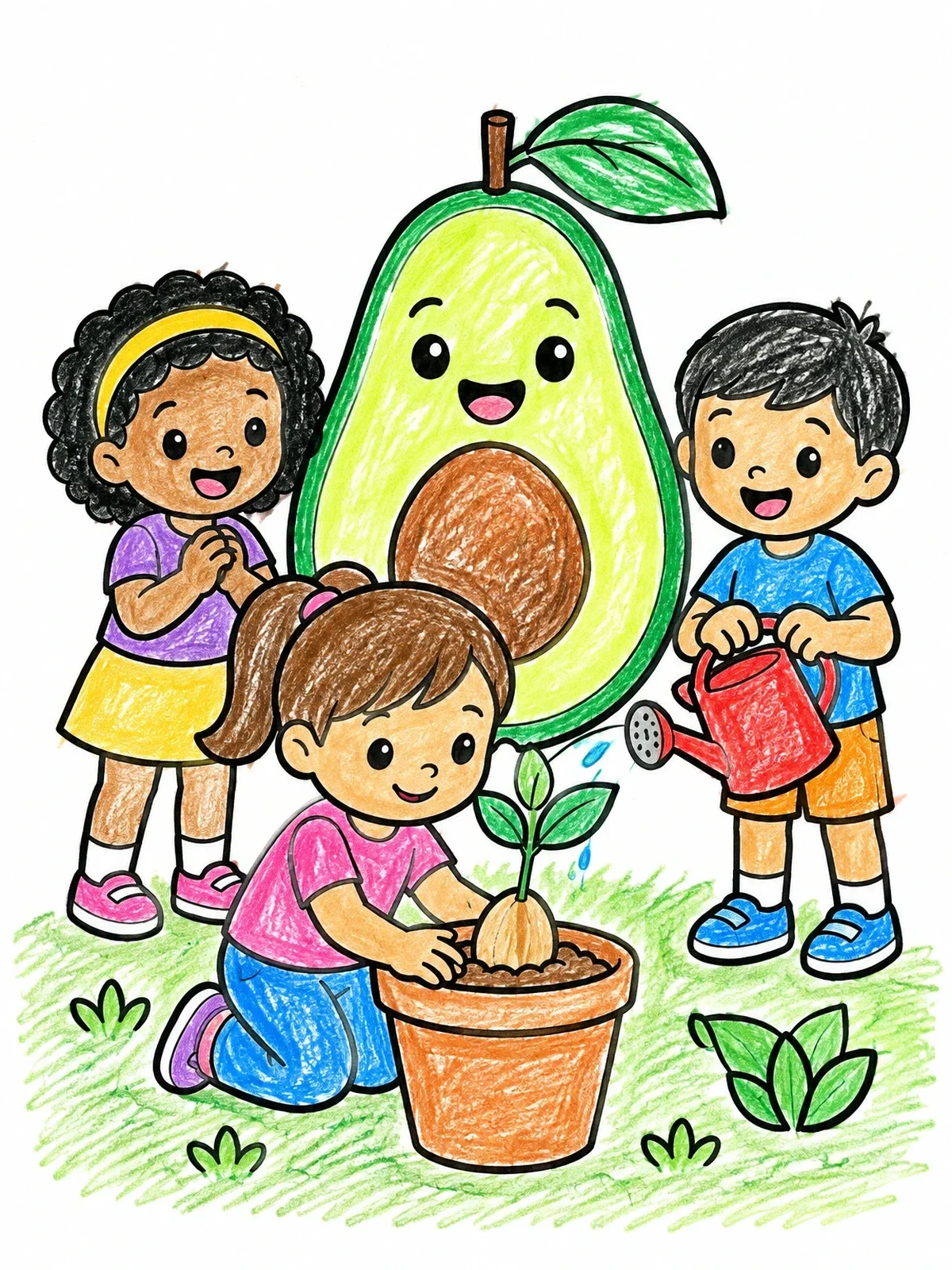 Colored example of the Children Planting An Avocado Seedling coloring page