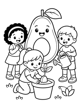 Children caring for a potted plant on this cute avocado coloring page.