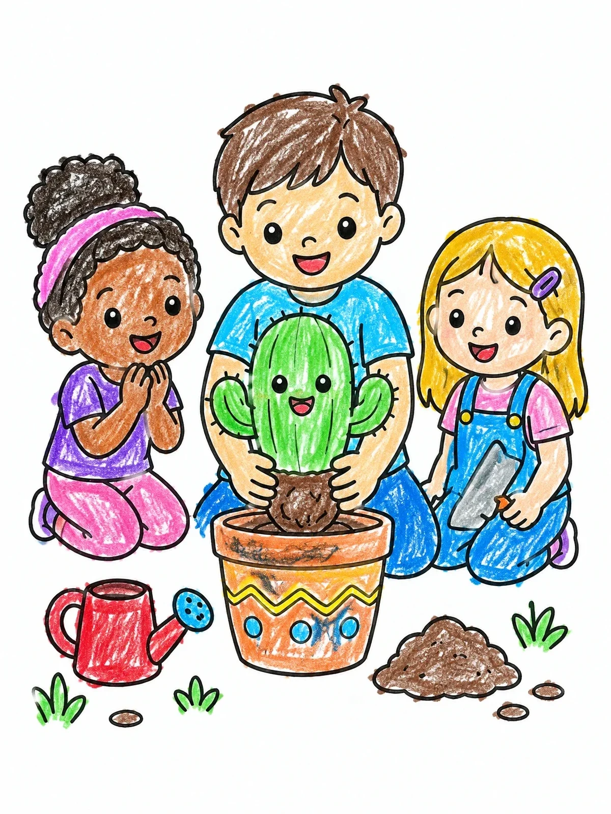Colored example of the Children Planting A Cute Cactus coloring page