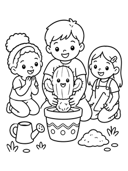 Happy children planting a potted plant on this cactus coloring page.