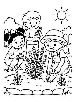 Free printable Children Planting Lavender In The Garden coloring page