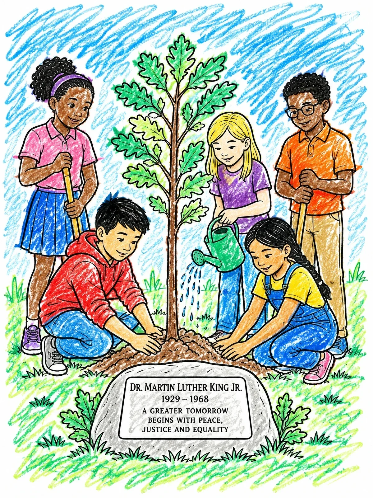 Colored example of the Children Planting An Oak Tree Memorial coloring page