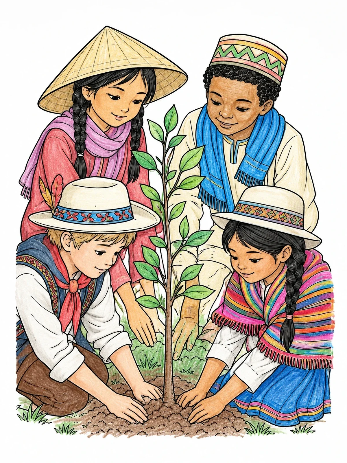 Colored example of the Diverse Children Planting A Peace Tree coloring page