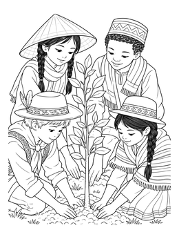 Free printable Diverse Children Planting A Peace Tree coloring page