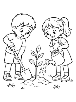 Free printable Children Planting A Small Tree coloring page
