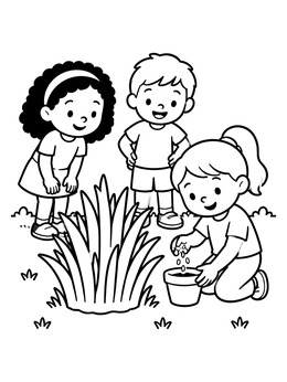 Free printable Children Planting Seeds Outdoors coloring page