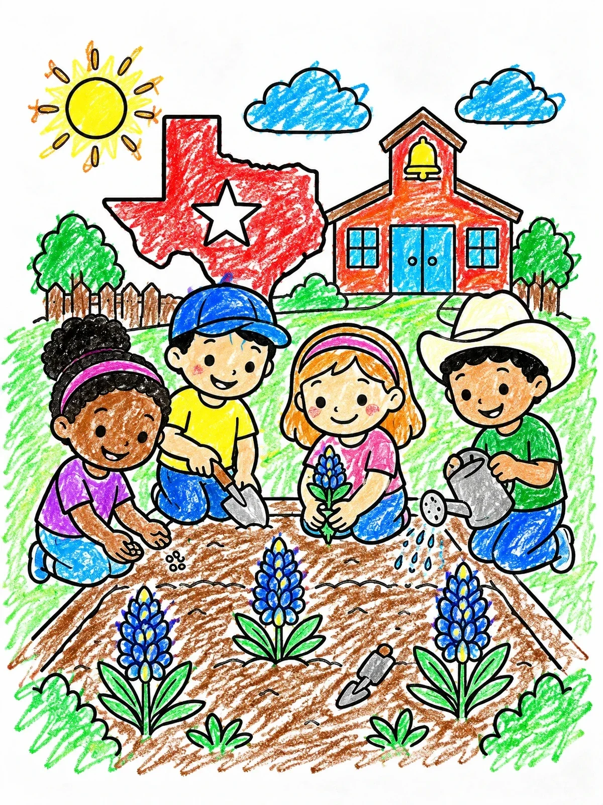 Colored example of the Children Planting Texas Bluebonnets coloring page