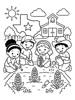 Free printable Children Planting Texas Bluebonnets coloring page