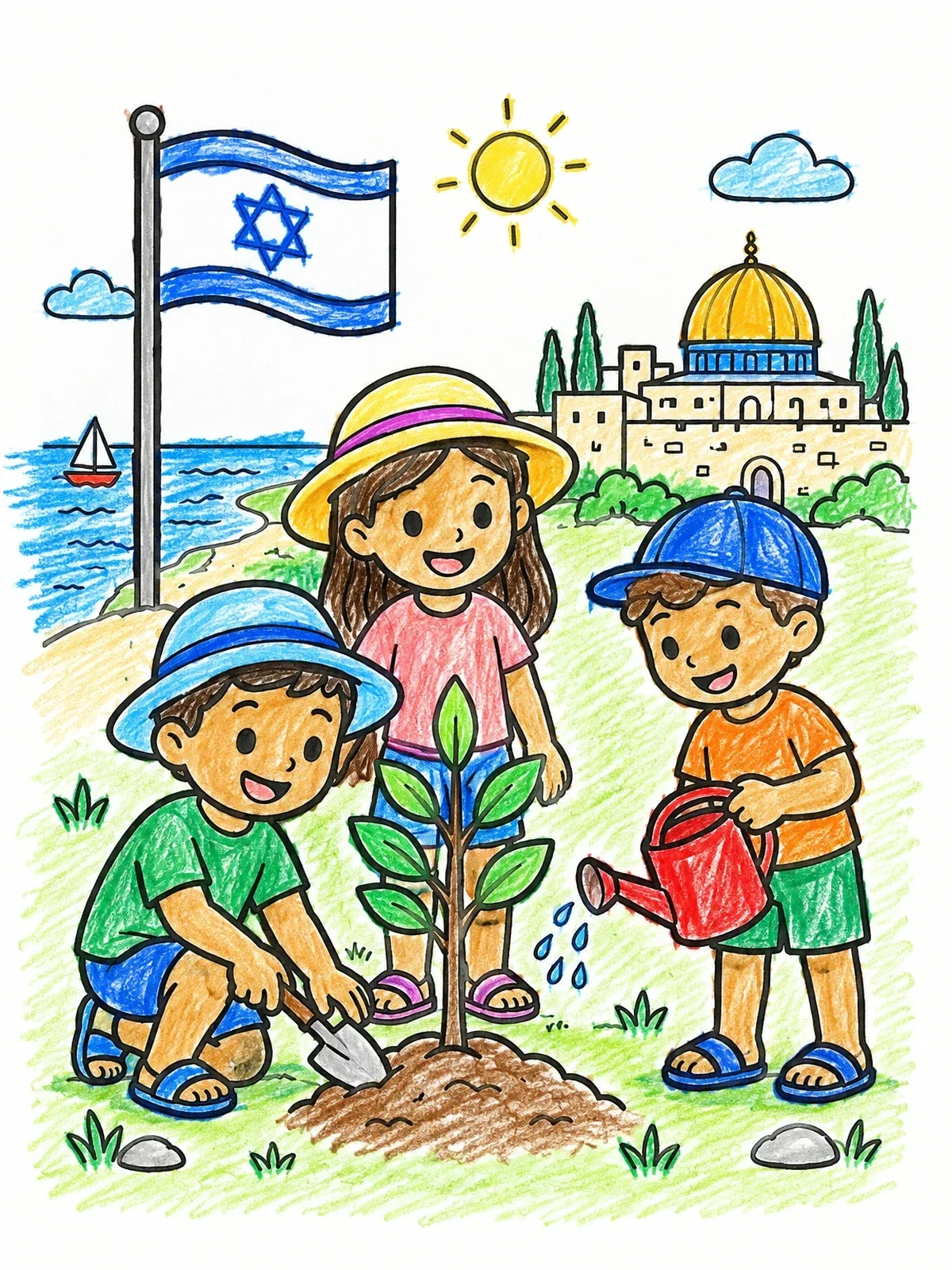 Colored example of the Children Planting A Tree In Israel coloring page