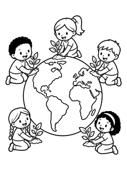 A sweet earth coloring page showing kids planting seedlings around the globe.