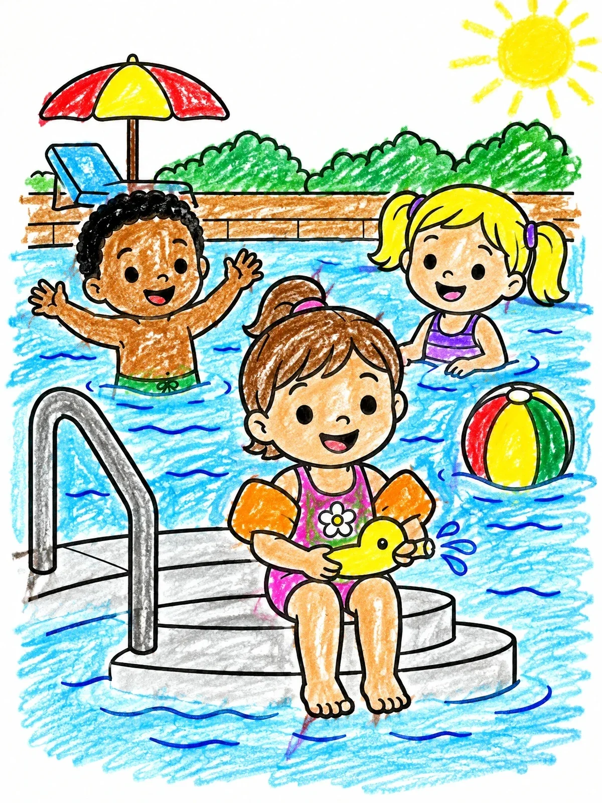 Colored example of the Children Having Fun At The Pool coloring page