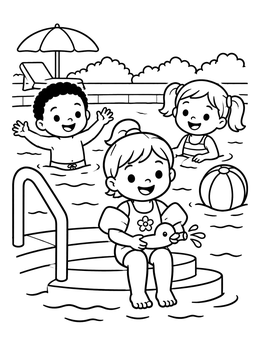 Kids playing in the water on this swimming pool coloring page.