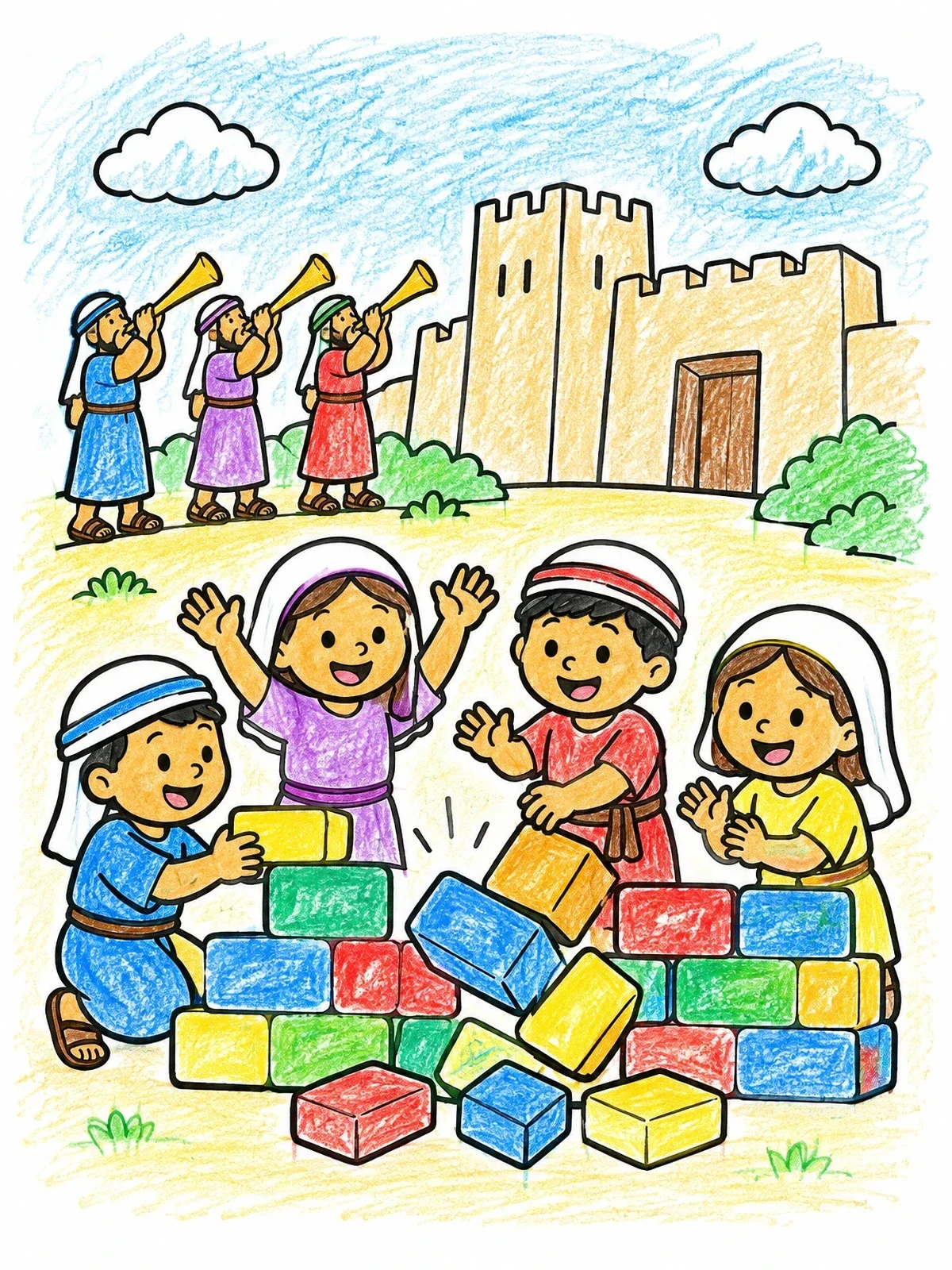 Colored example of the Children Building The Walls Of Jericho coloring page