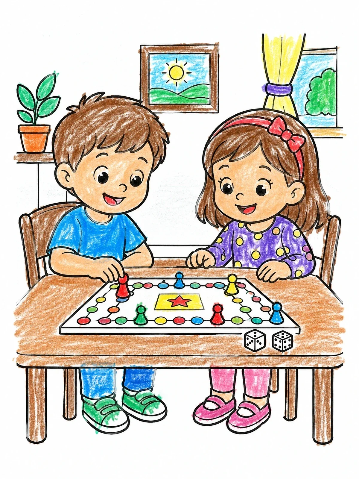 Colored example of the Children Playing A Board Game Together coloring page