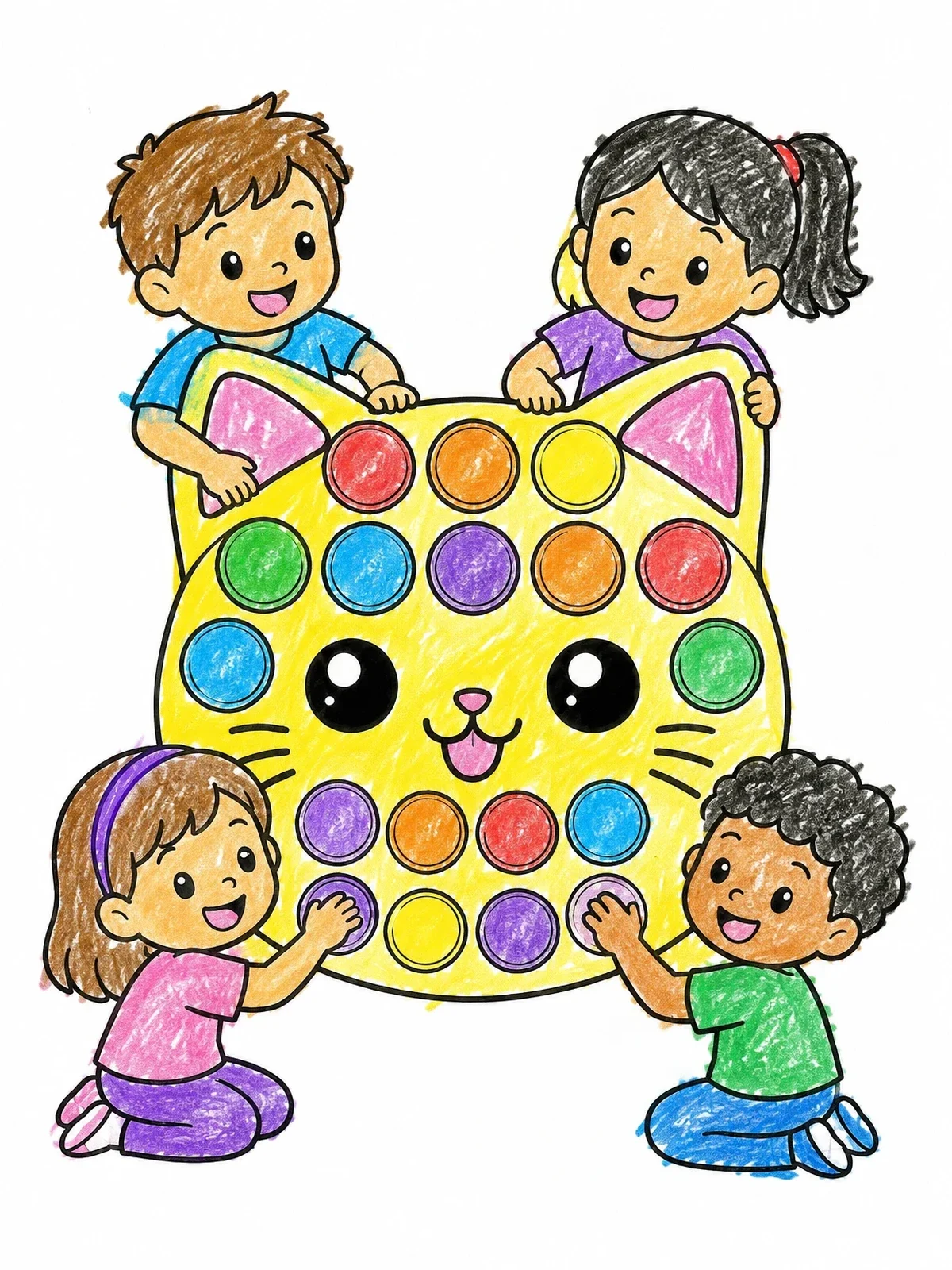 Colored example of the Children Playing With Cat Pop It coloring page