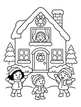 Free printable Children Outside A Christmas House coloring page