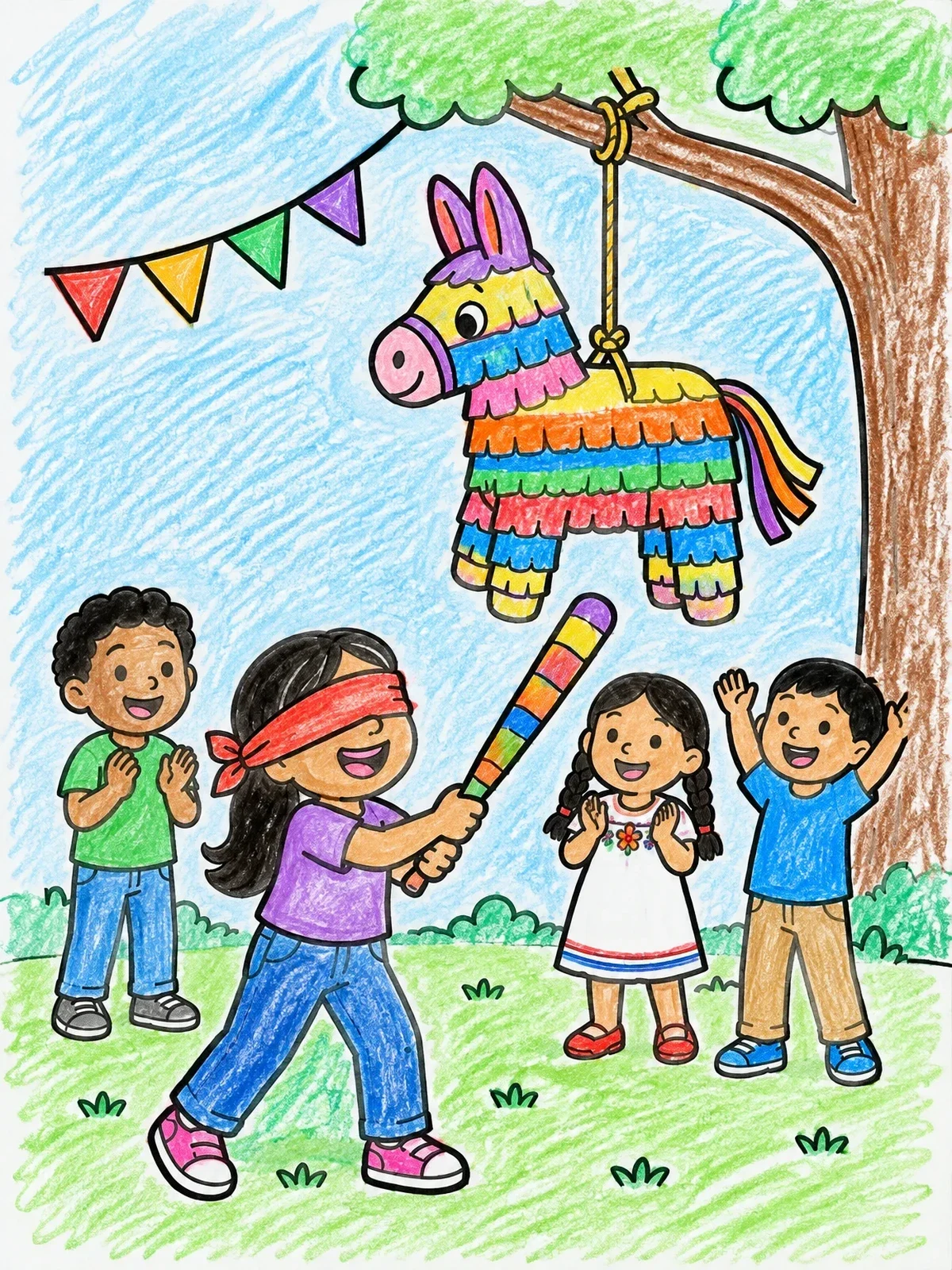 Colored example of the Children Playing Piñata Party Game coloring page