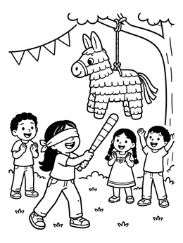 Free printable Children Playing Piñata Party Game coloring page