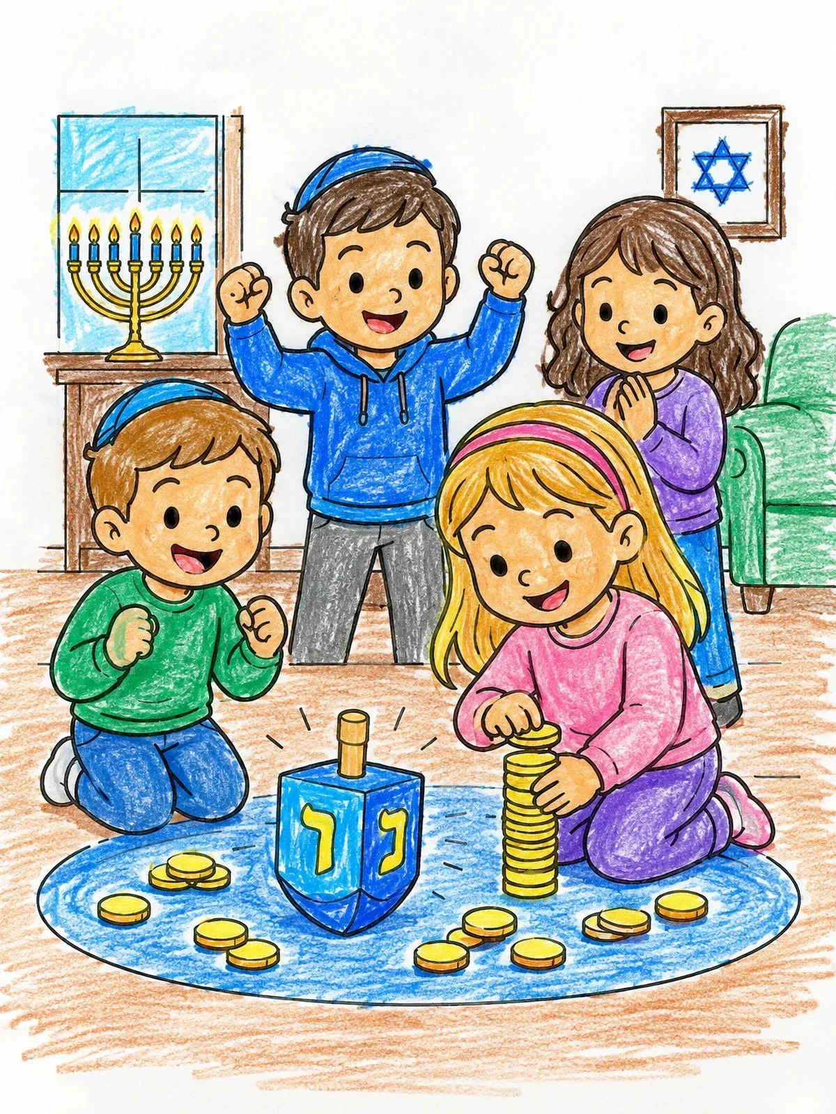 Colored example of the Children Playing Dreidel Game coloring page