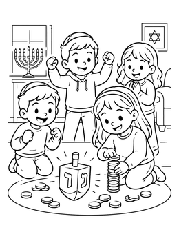 Free printable Children Playing Dreidel Game coloring page