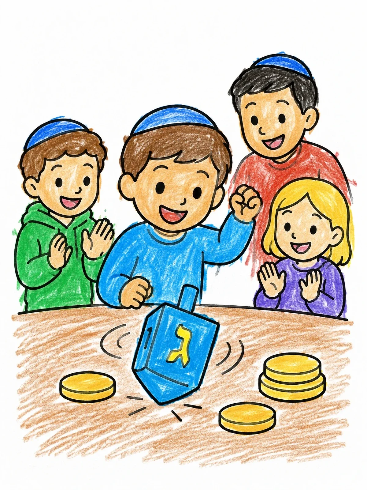 Colored example of the Children Playing Dreidel Game coloring page