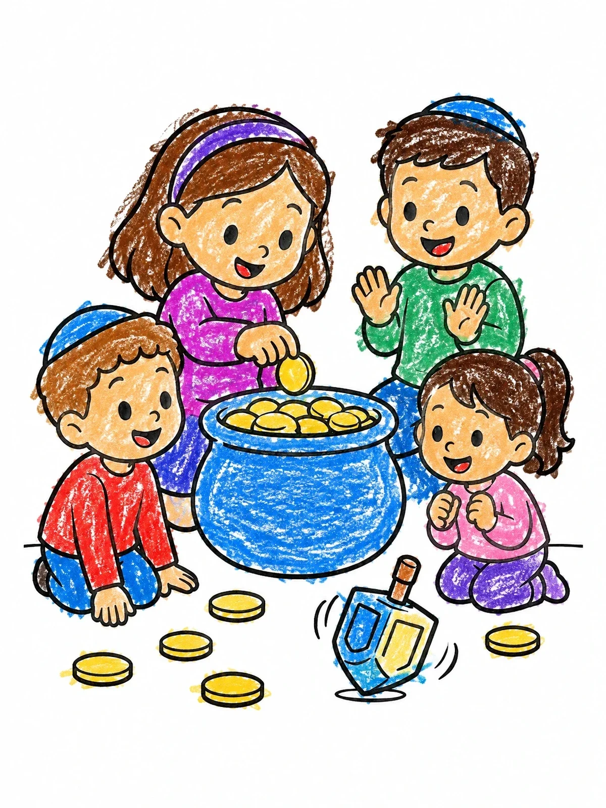 Colored example of the Children Playing Dreidel Hanukkah Game coloring page