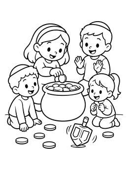 Kids play with coins on this dreidel hanukkah coloring page.