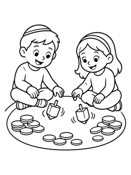 Free printable Children Playing Dreidel With Gelt coloring page