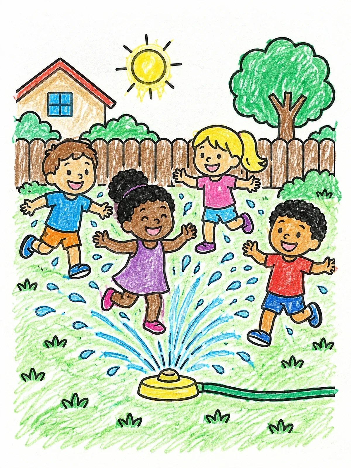 Colored example of the Children Playing In The Sprinkler coloring page