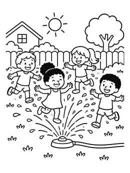 Free printable Children Playing In The Sprinkler coloring page