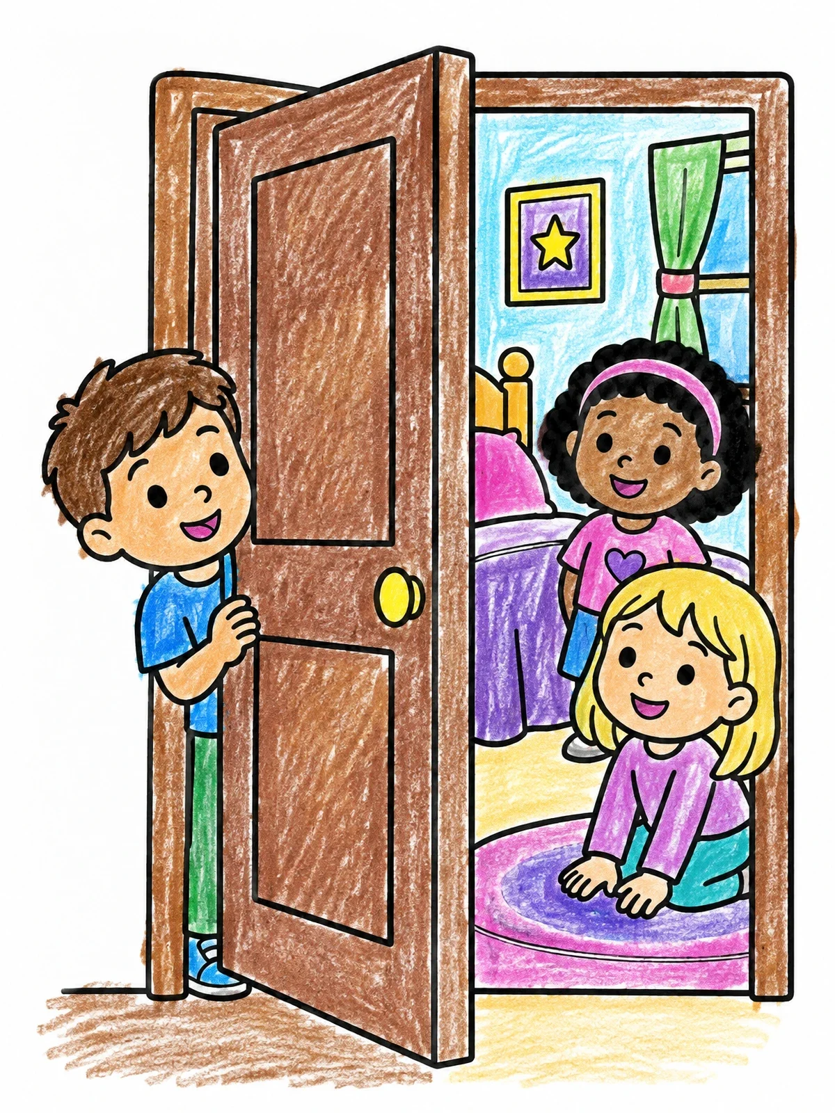 Colored example of the Children Playing By The Open Bedroom Door coloring page