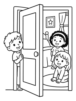 Free printable Children Playing By The Open Bedroom Door coloring page