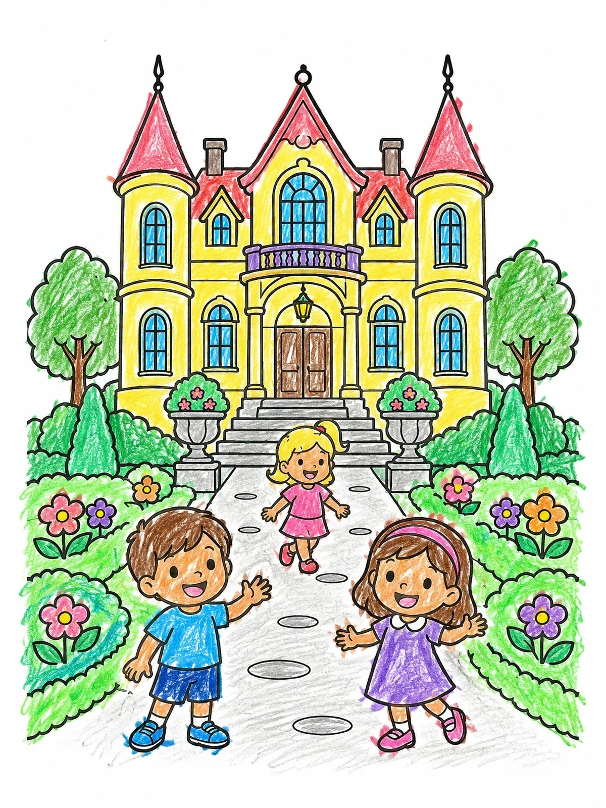 Colored example of the Children Playing Outside A Grand Mansion coloring page