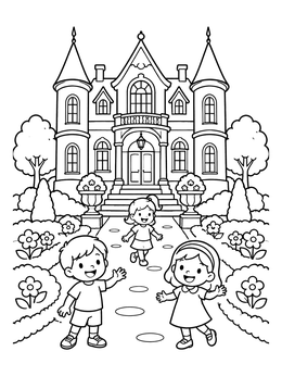 Free printable Children Playing Outside A Grand Mansion coloring page