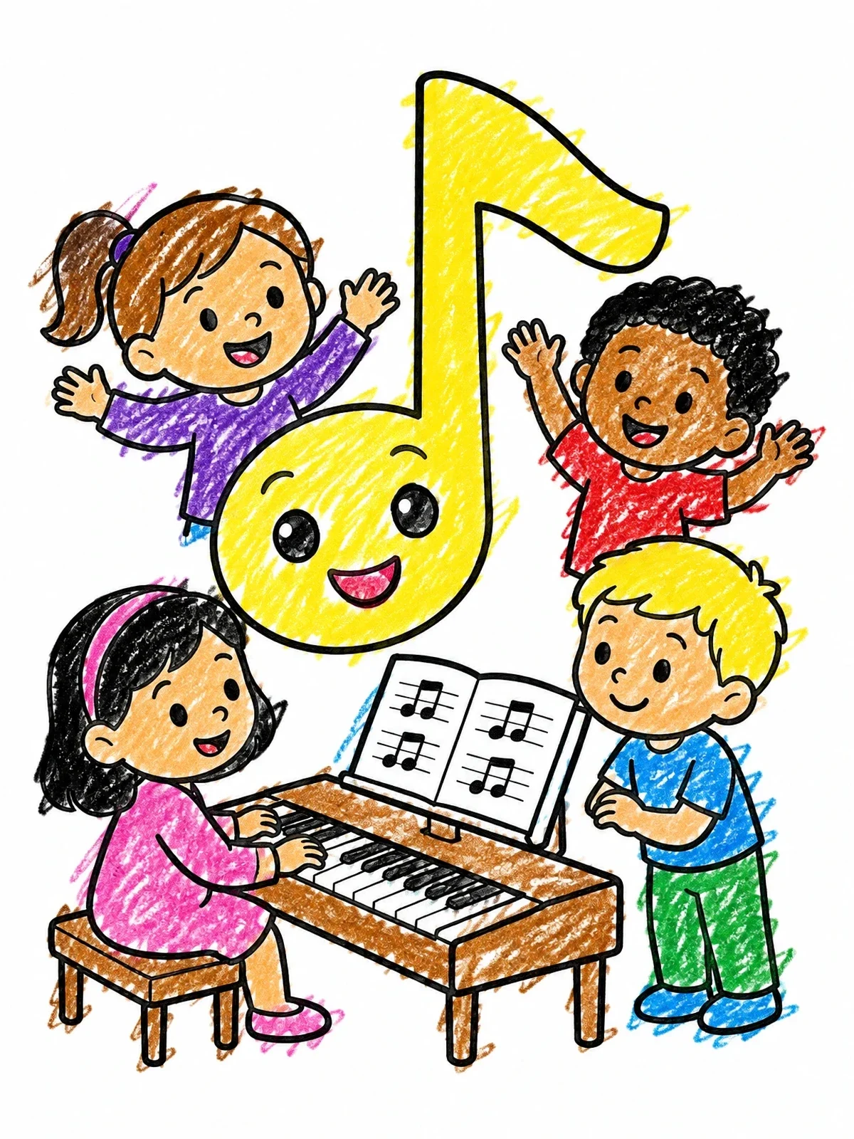 Colored example of the Children Making Music With Musical Note coloring page