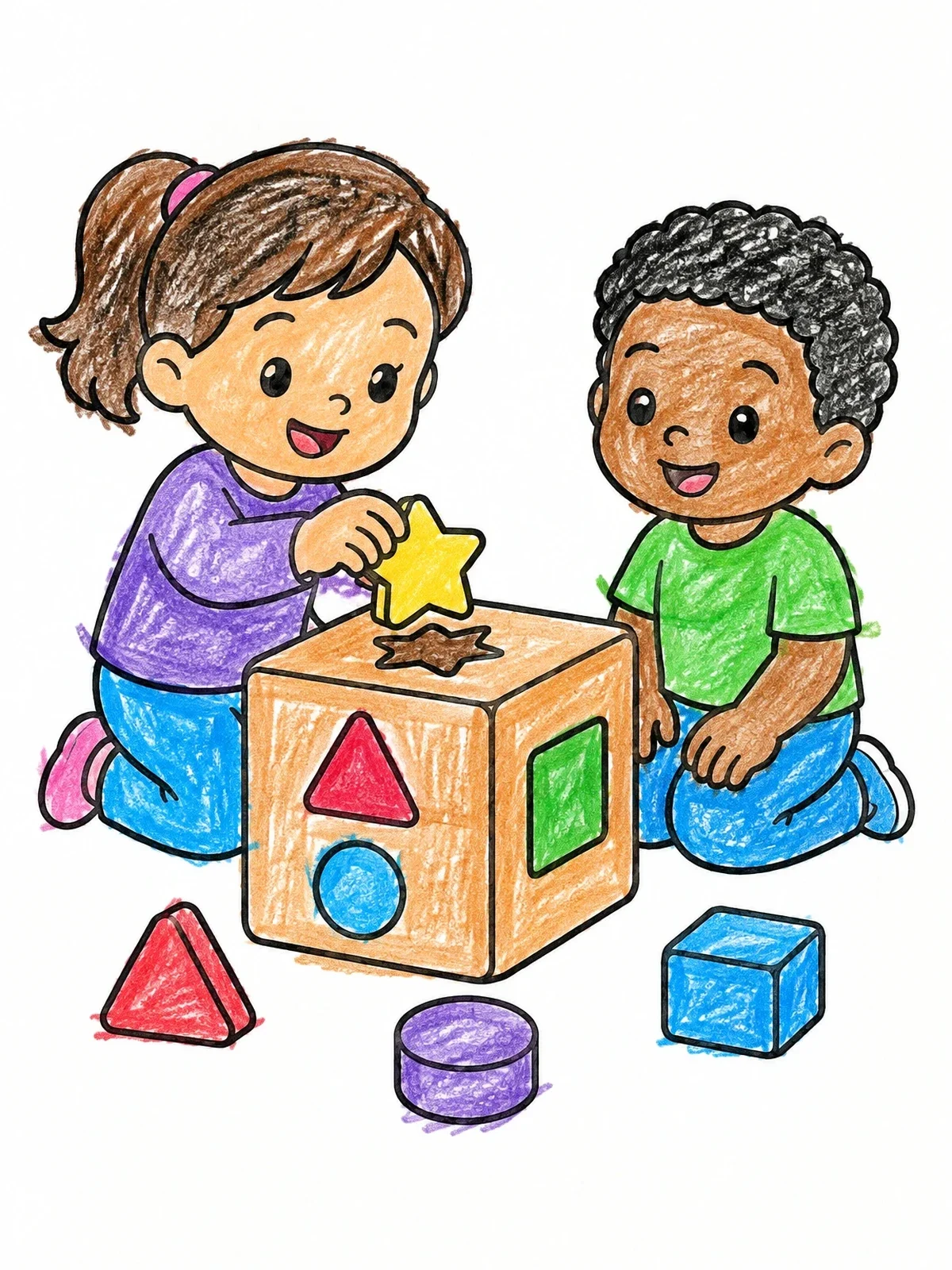 Colored example of the Children Playing With Shape Sorter coloring page