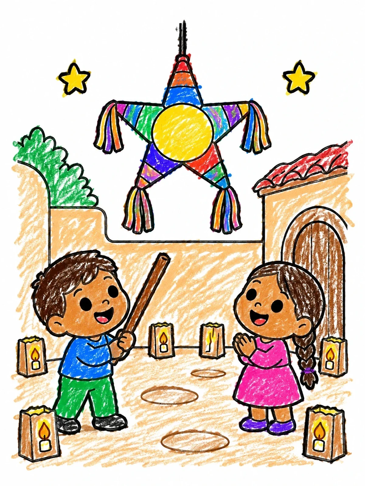 Colored example of the Children Playing With Star Piñata coloring page