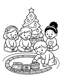 Happy kids enjoying a christmas train coloring page around the tree