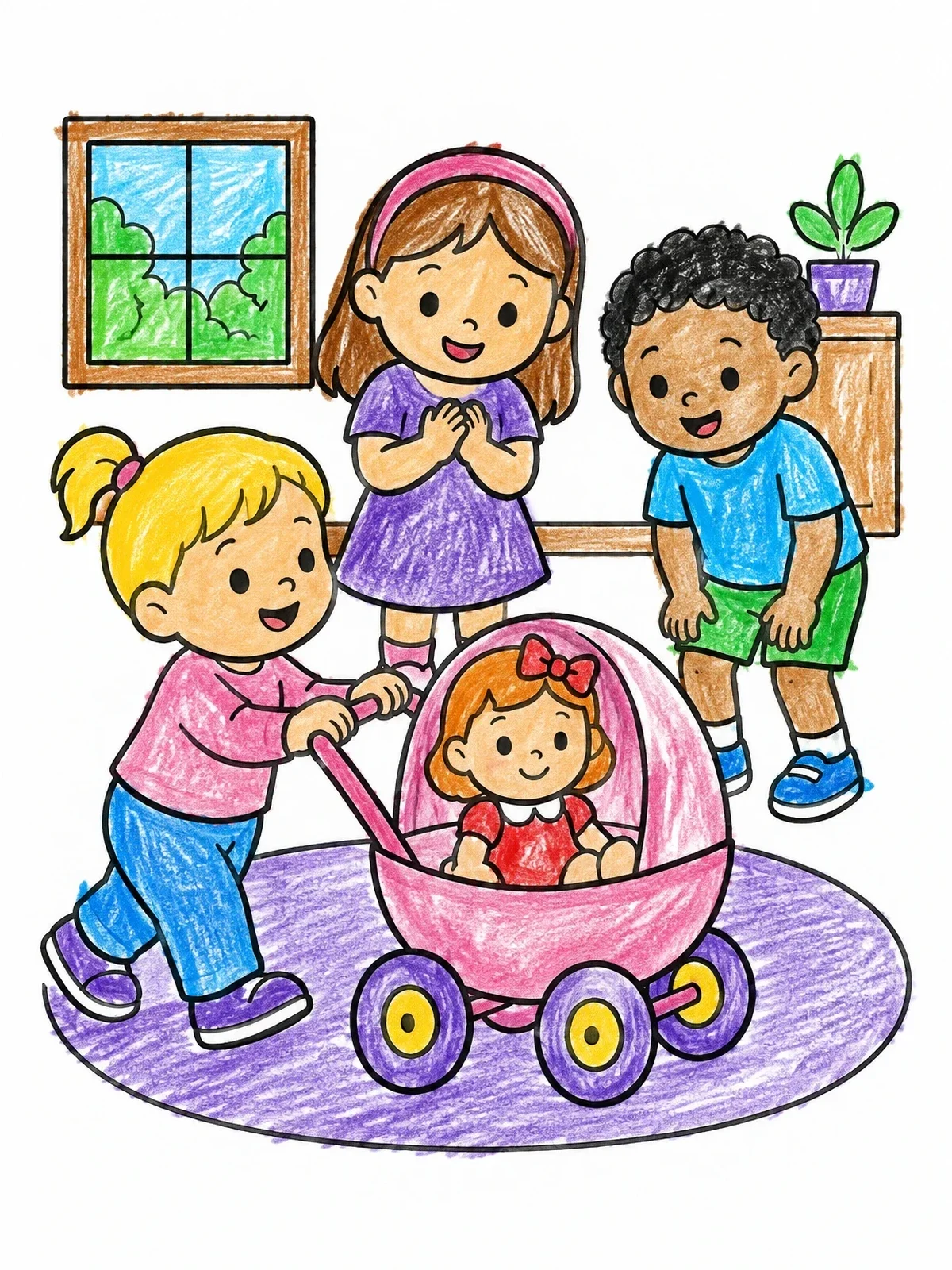 Colored example of the Children Playing With Toy Doll Pram coloring page